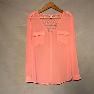 Candie’s size L coral-pink, sheer, lace shirt